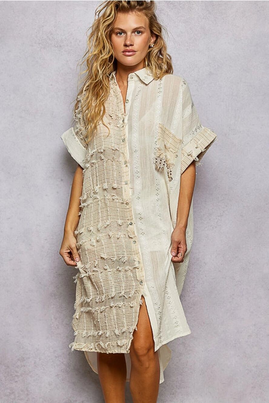 POL Dangle Trim Textured Cotton Oversized Long Shirt Dress - Cream